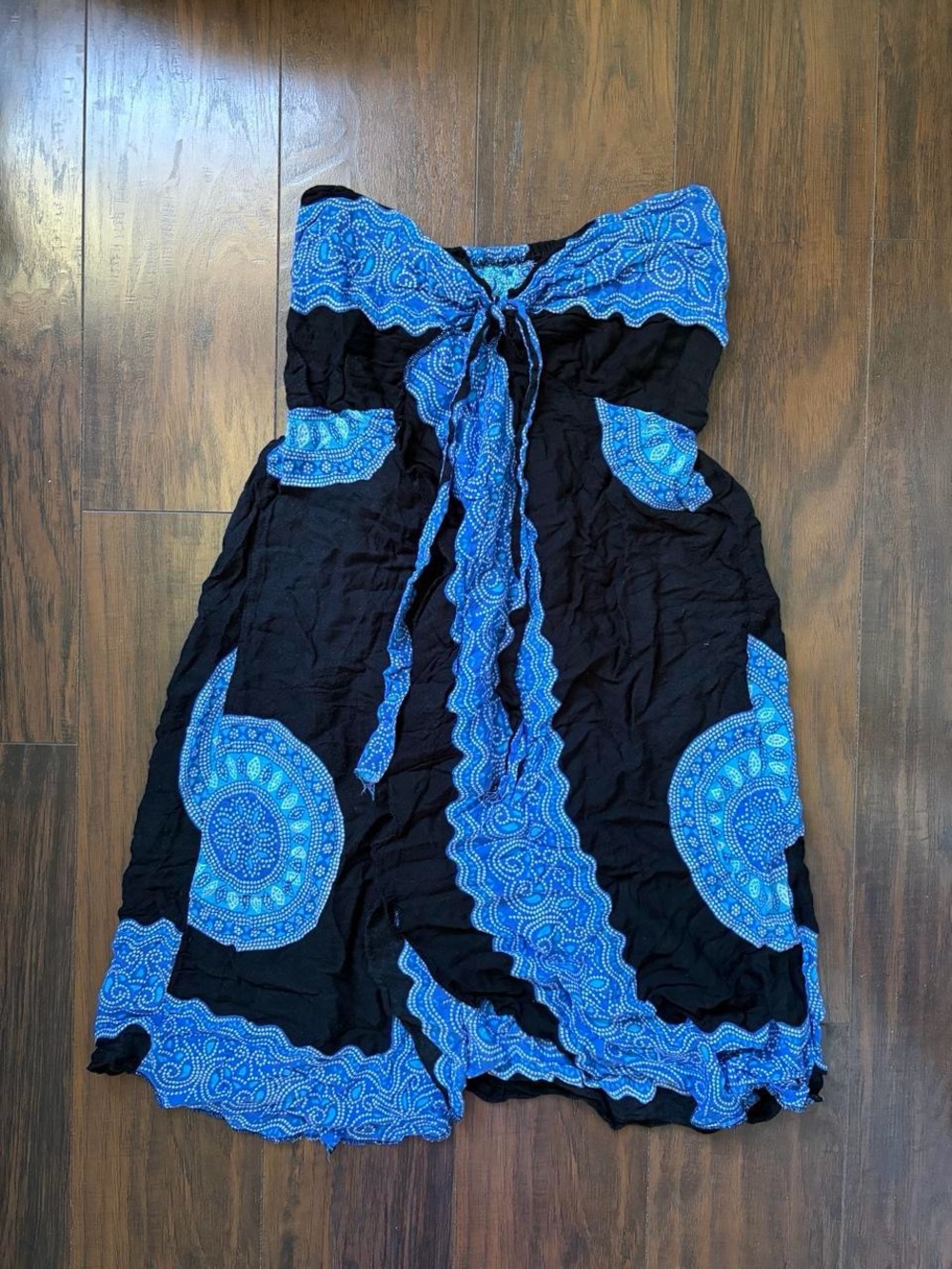 Black Strapless Sundress with Bright Blue Print